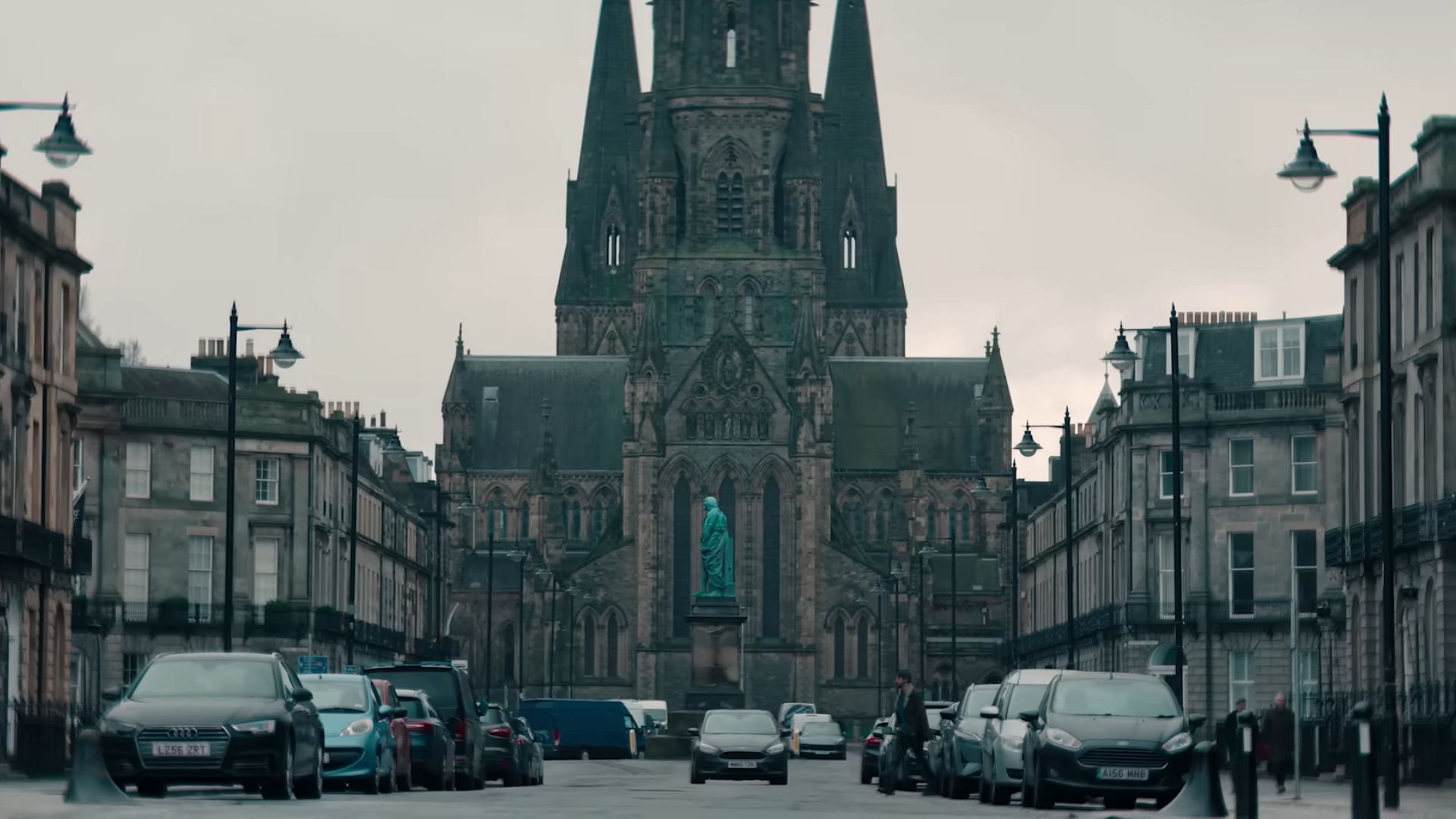 A still from Dept. Q featuring St. Mary's Episcopal Cathedral (Image via YouTube/ @Netflix)